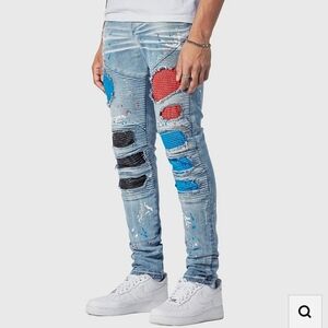 Men’s copper rivet slim straight jeans paint splatter leather patch 38 x 32